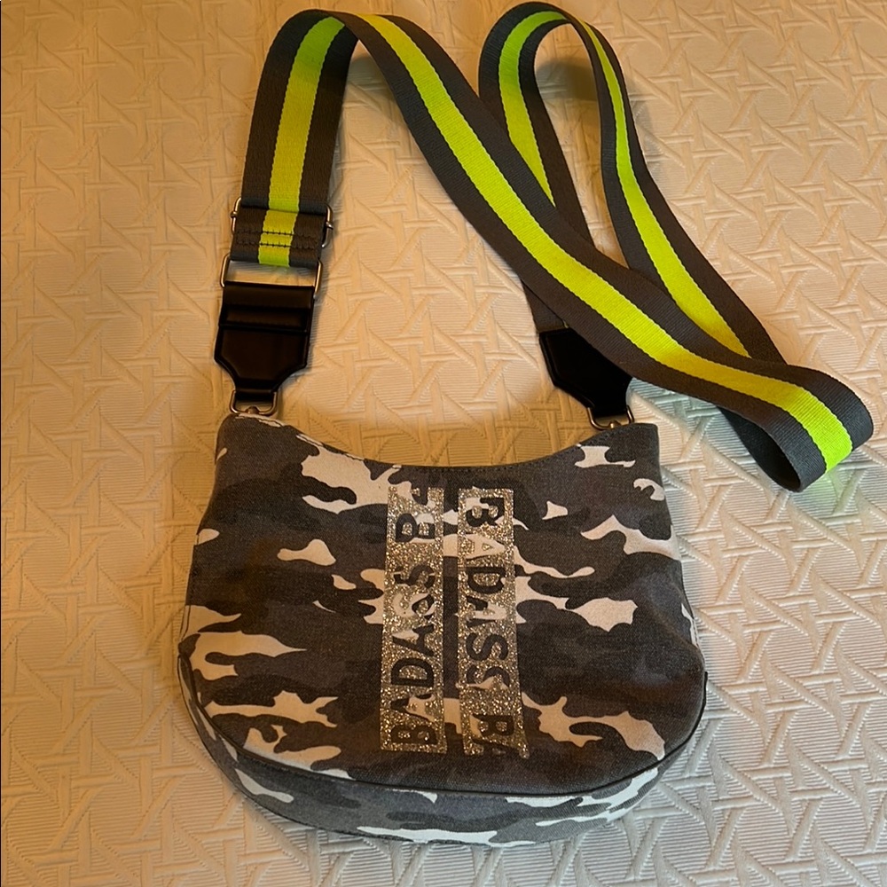 Gray and Green Crossbody Bag with Graphic Design
